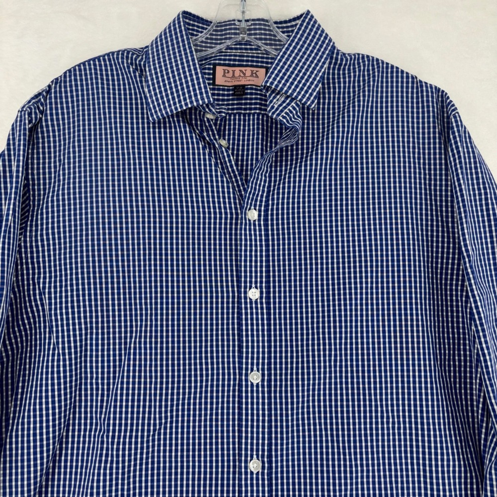 Thomas Pink Jermyn Street London Gingham Button Down Shirt Mens 17-35 Navy Blue
